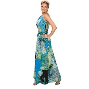 Caché Halter Multi Colored Maxi Dress Beaded Adjustable Ties Long Sexy Size XS